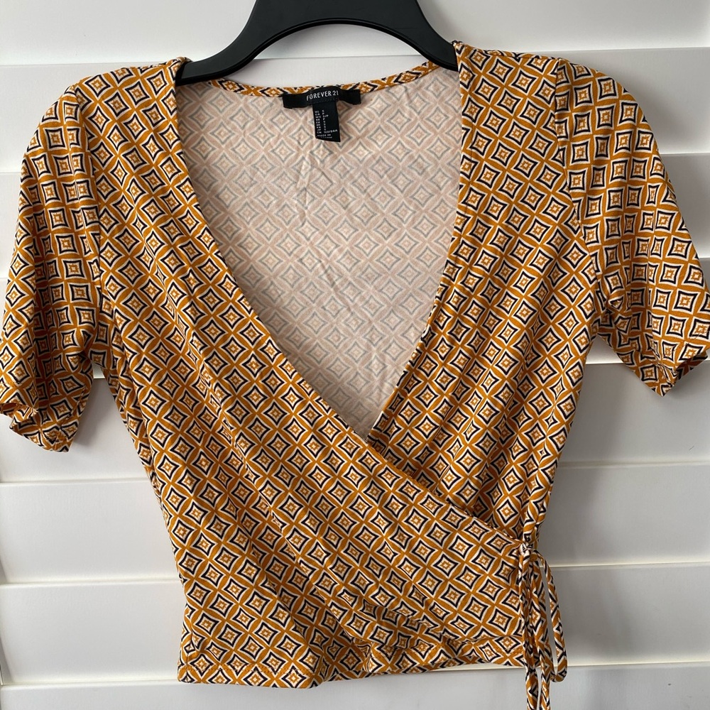 Yellow patterned faux wrap crop top